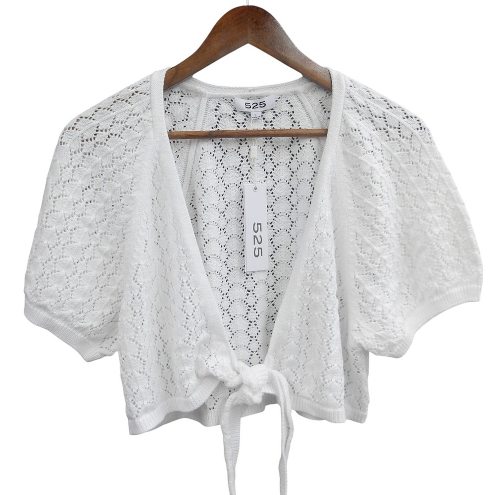 525 America Women's Tie Front Revolve Cardigan Shrug Top White Knit‎ Sz L/#8188
